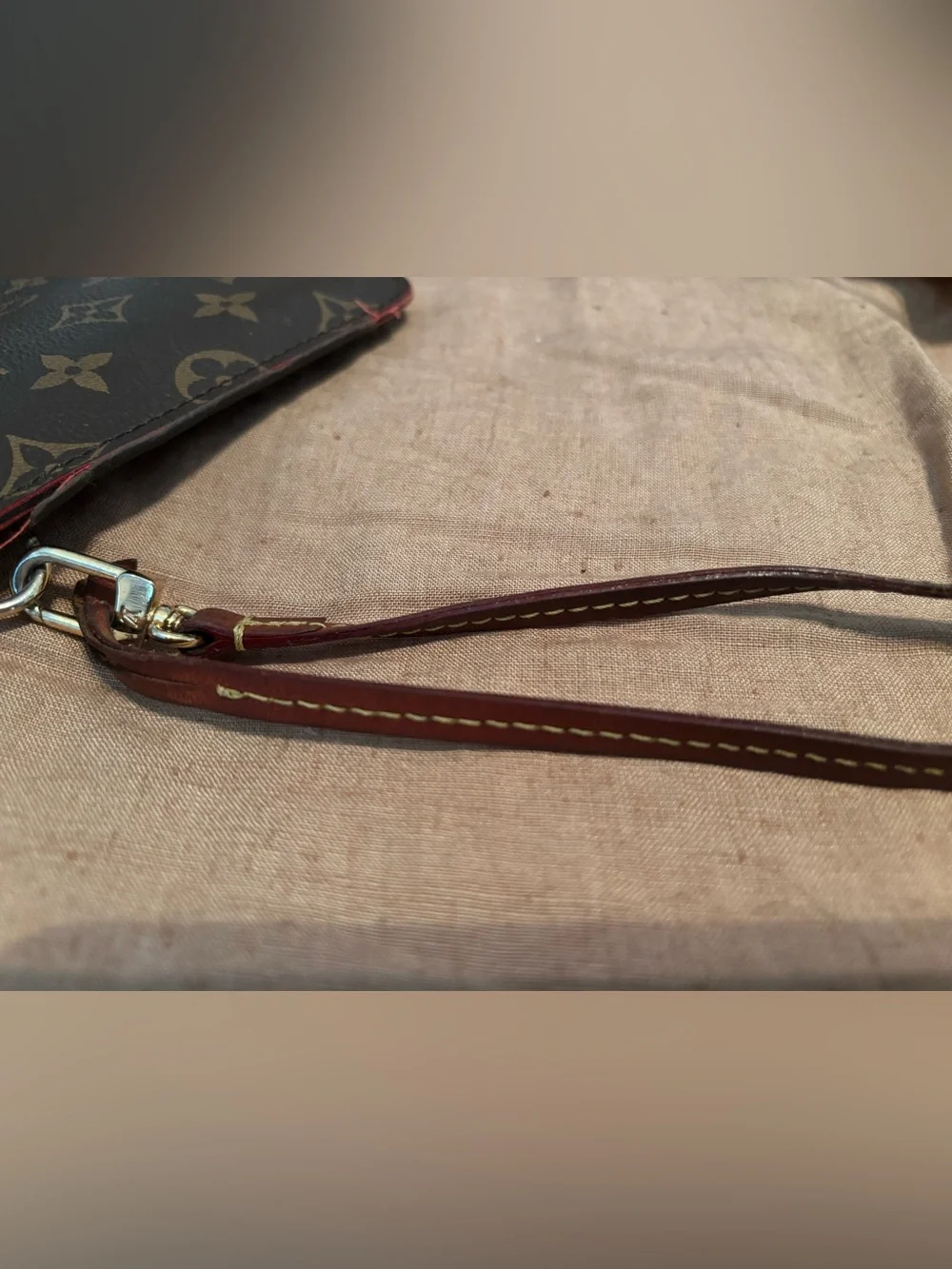 Louis Vuitton Classic Monogram Neverfull Pouch Wristlet - Cerise (Cherry Red)